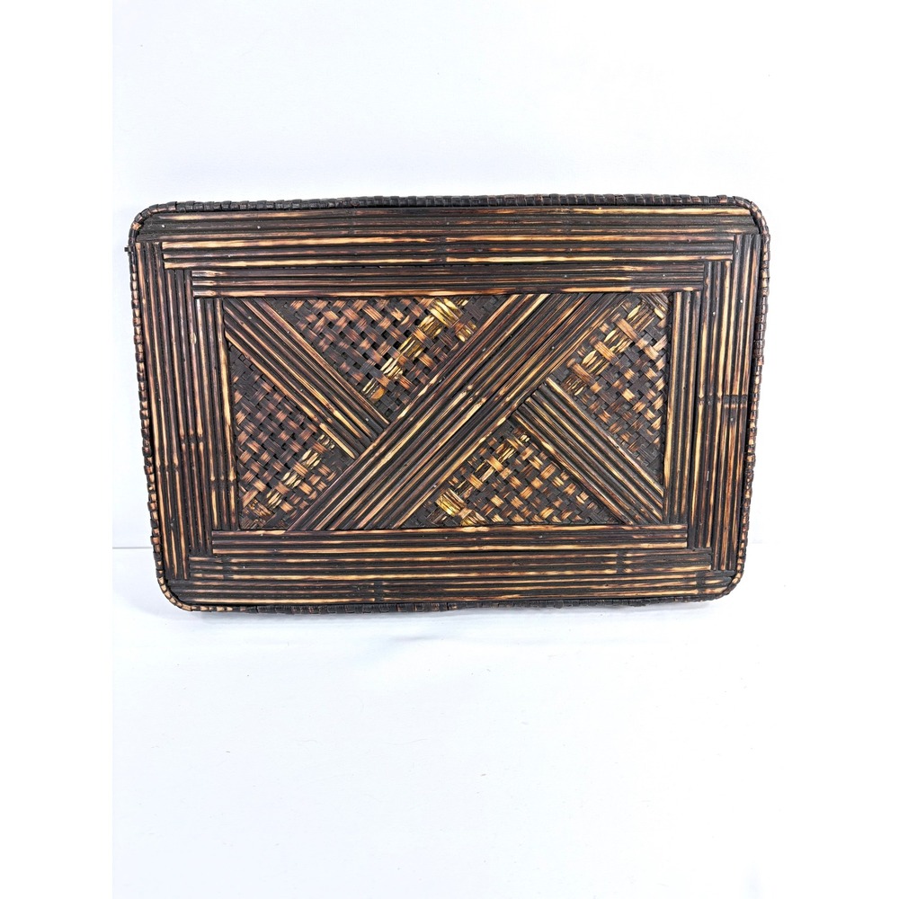 Vintage Woven Rattan Bamboo Serving Tray Brown Burnt‎ Geometric Basketweave 16in